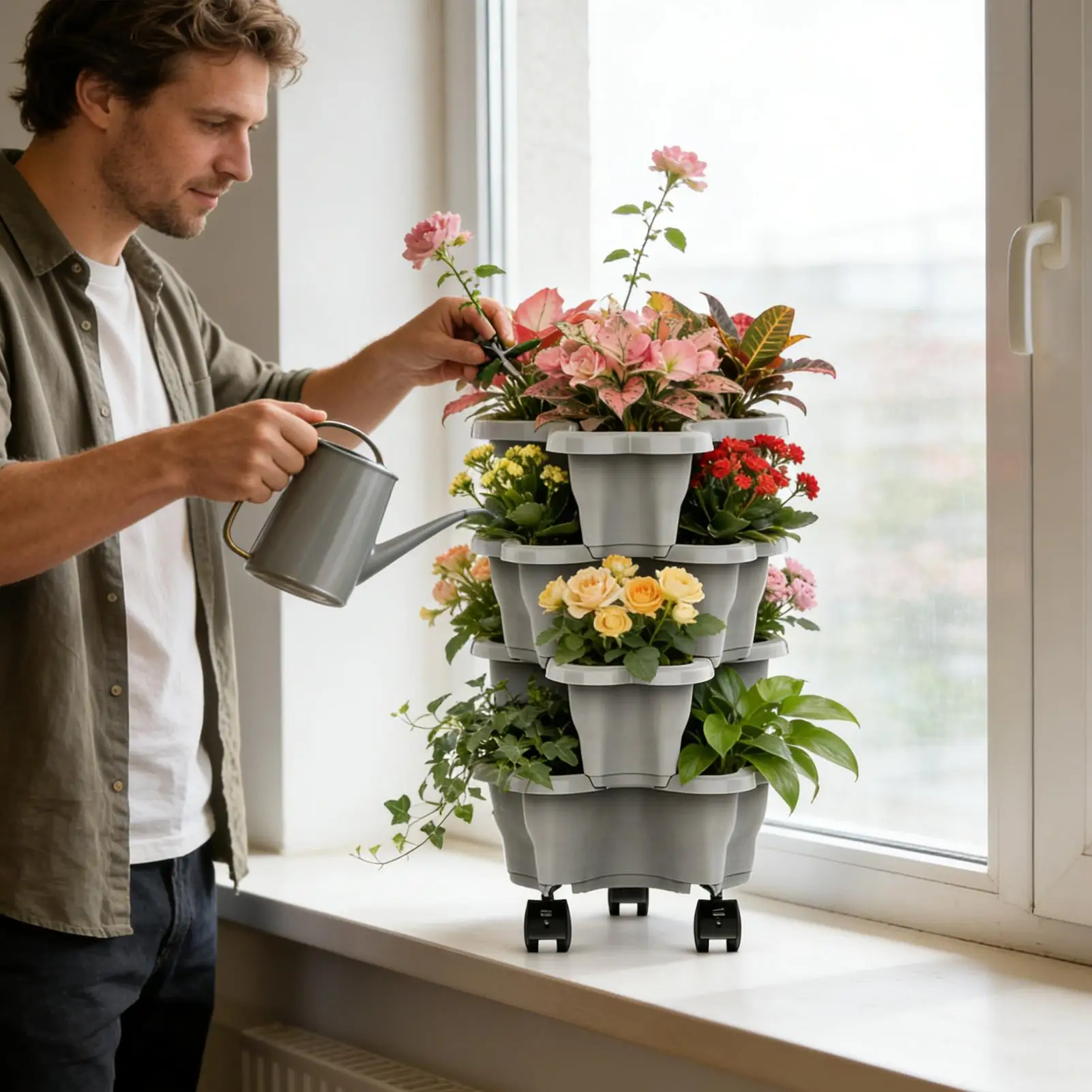 Vertical Tower Stackable FlowerPot Plastic with Movable Casters Flower Pot Multi-layer Strawberry Planter Tower Home Garden