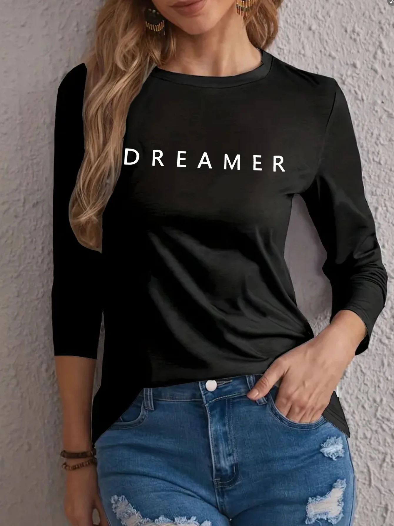 

Spring and Autumn Women's New Fashion Clothes Women Black Casual Letter Printed Long Sleeve Round Sleeve T-shirt