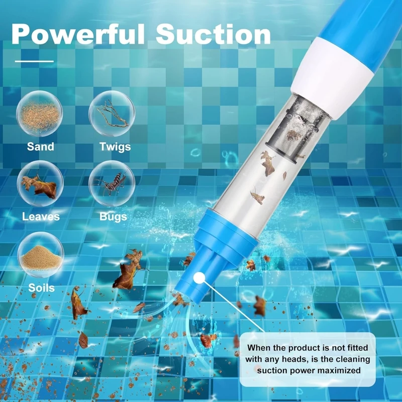 Aspirador de pó para piscina, sucção forte para spas, banheiras de hidromassagem, detritos de areia, piscinas, portátil, recarregável, sucção de cerdas, 3 bicos