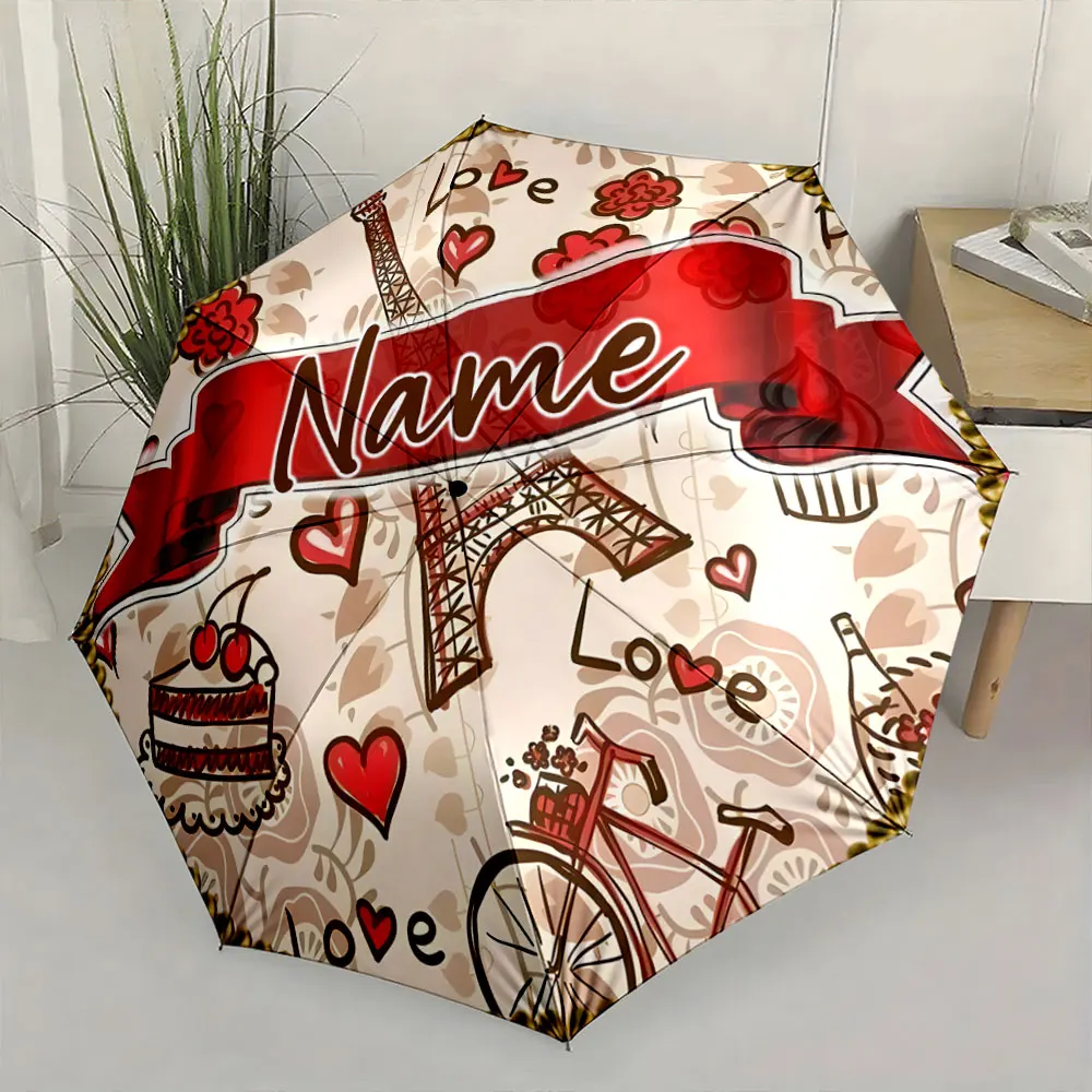 Custom Name Romantic Paris-Themed Decorative Umbrella 8 Iron Ribs Folding Umbrella Auto-Open Fashionable Sunshade Deluxe Gift