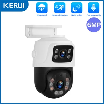 מצלמת אבטחה ביתית KERUI Outdoor Dual Lens PTZ 6MP POE IP עם מצלמת אבטחה וידאו CCTV Surveillance Onvif iCSEE עם מסך כפול