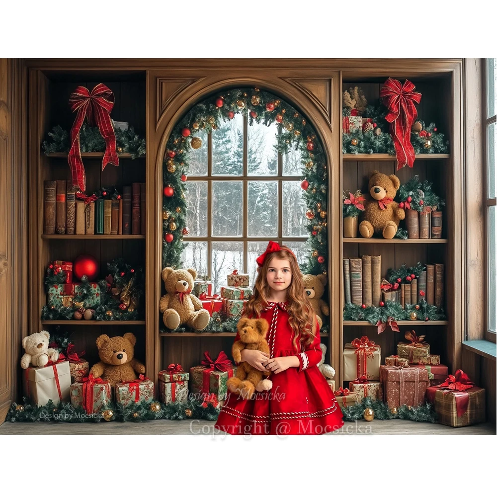 Christmas Toy Bear Gift Room Background Photography Kids Baby Show Wooden Bookshelf Window Backdrop Winter Xmas Tree Gift Booth