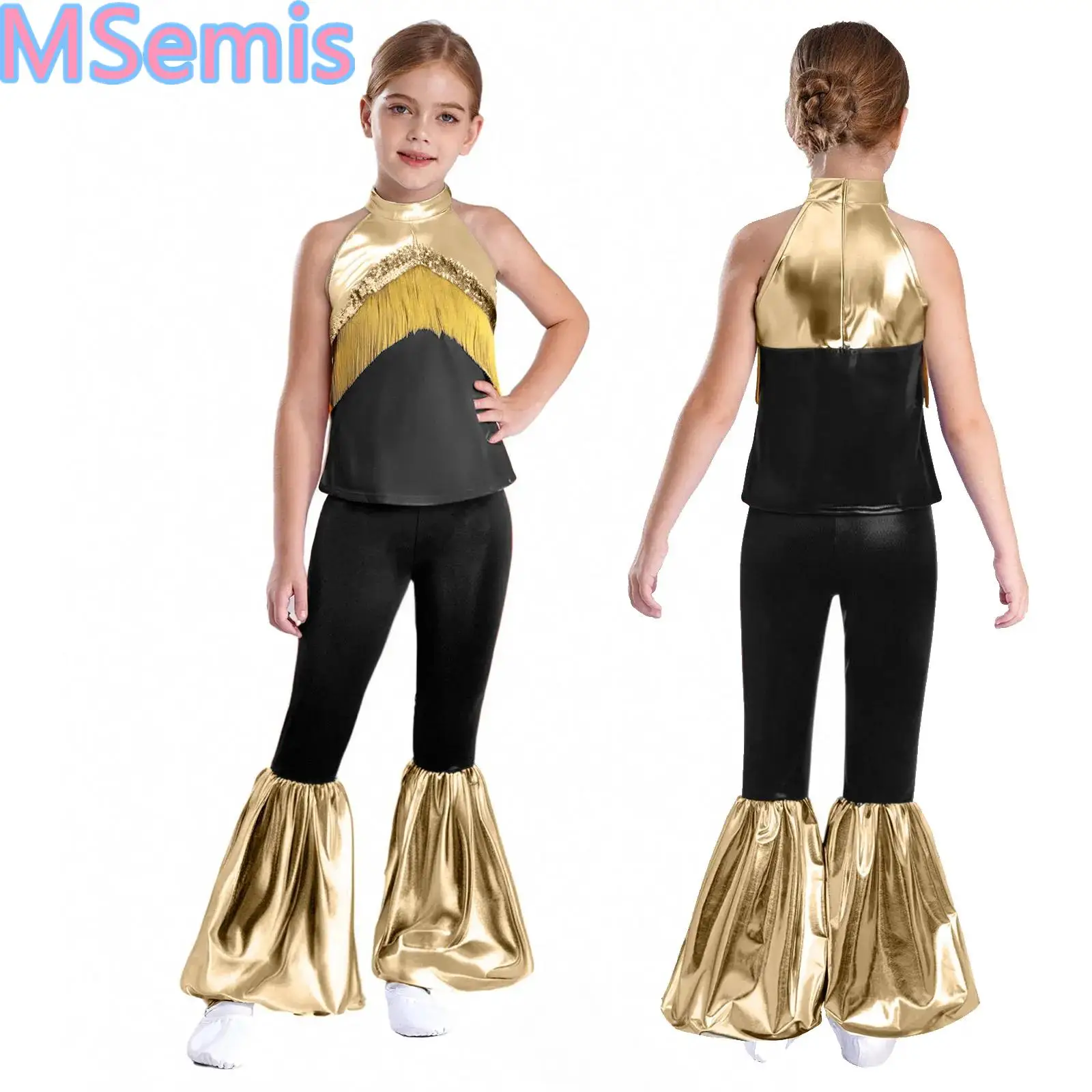 

Kids Girls Disco Party Outfits Sleeveless Tassel Sequins Metallic Crop Top With Bell-Bottomed Pants for Halloween Theme Cosplay