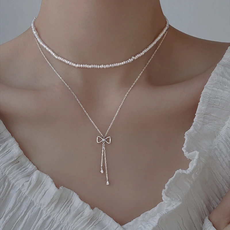 Fashion 925 Sterling Silver Bow Necklace Shiny Zircon Tassel Temperament Clavicle Chain Ladies High Jewelry Party Birthday Gift