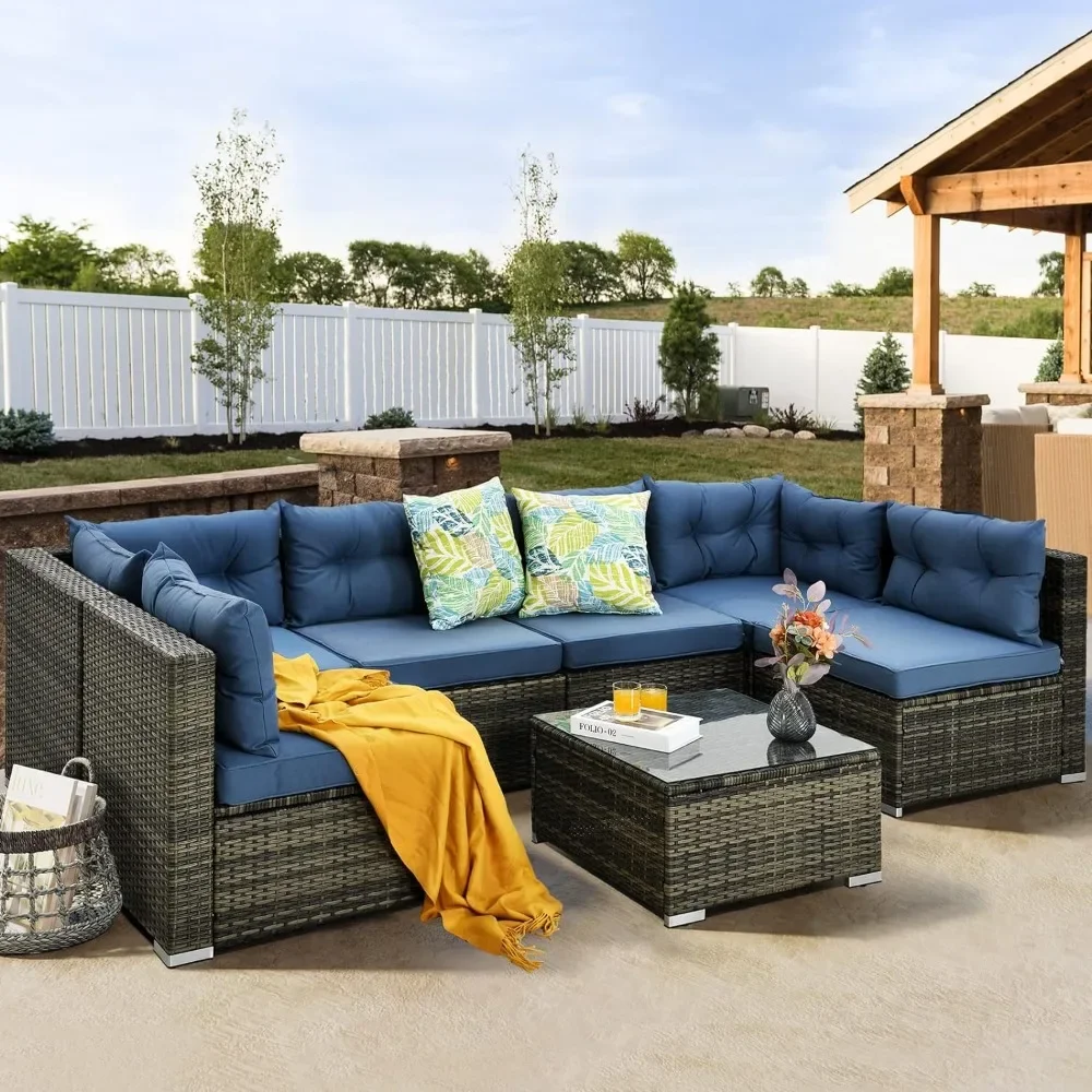 

7 Pieces Patio Furniture Set,All-Weather PE Rattan Conversation Set,Wicker Outside Sectional Sofa Couch Table and Cushions(Navy)