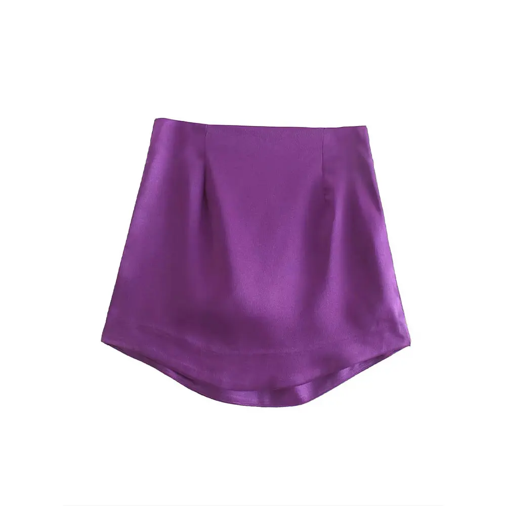 Duoperi moda feminina sólido cetim mini saia de cintura alta zíper lateral skort chique senhora saias curtas