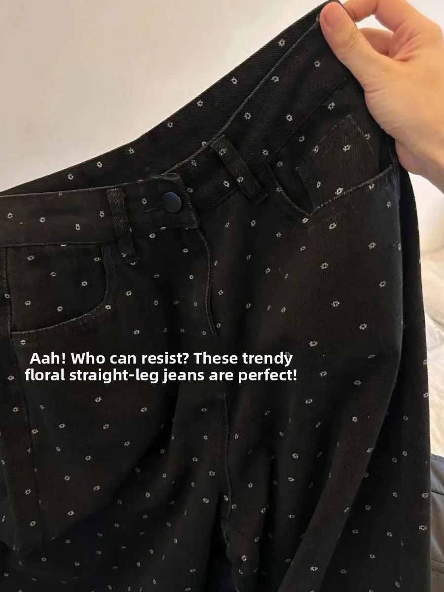 Jeans a gamba larga floreale a gamba dritta a vita alta Pantaloni in denim sottile estivo a pois retrò americani taglie forti da donna