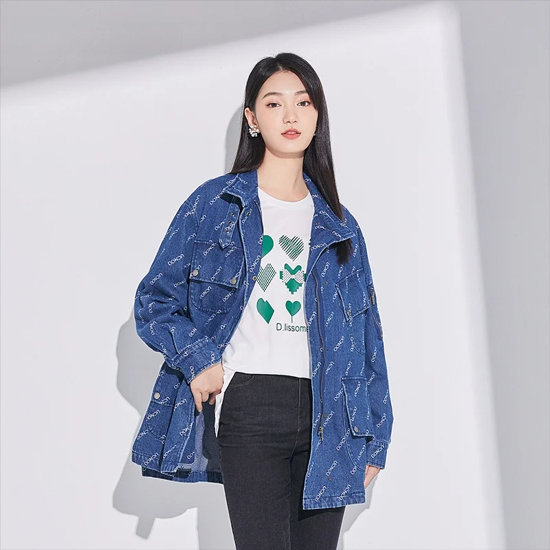 

Dailanzhi New Spring Autumn Wide Board Mid-Length Denim Sle Coat Casual Versatile Top Street Sle round Ne Zipper Closure