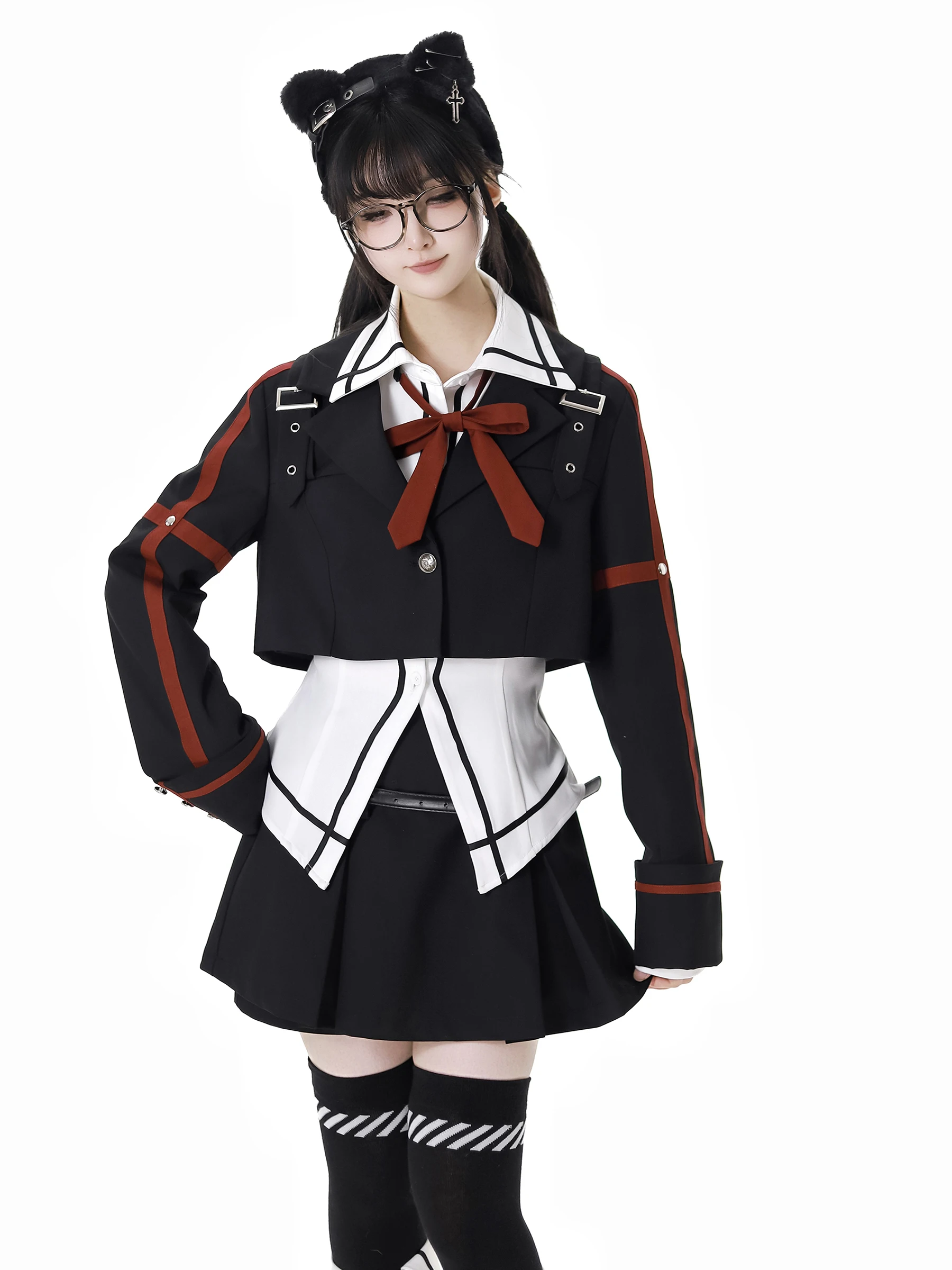 Subculture Loose Balck Hooded Jacket Women Autumn New Short Blazer White Long Sleeve High Waist Shirt Half Skirt Sets