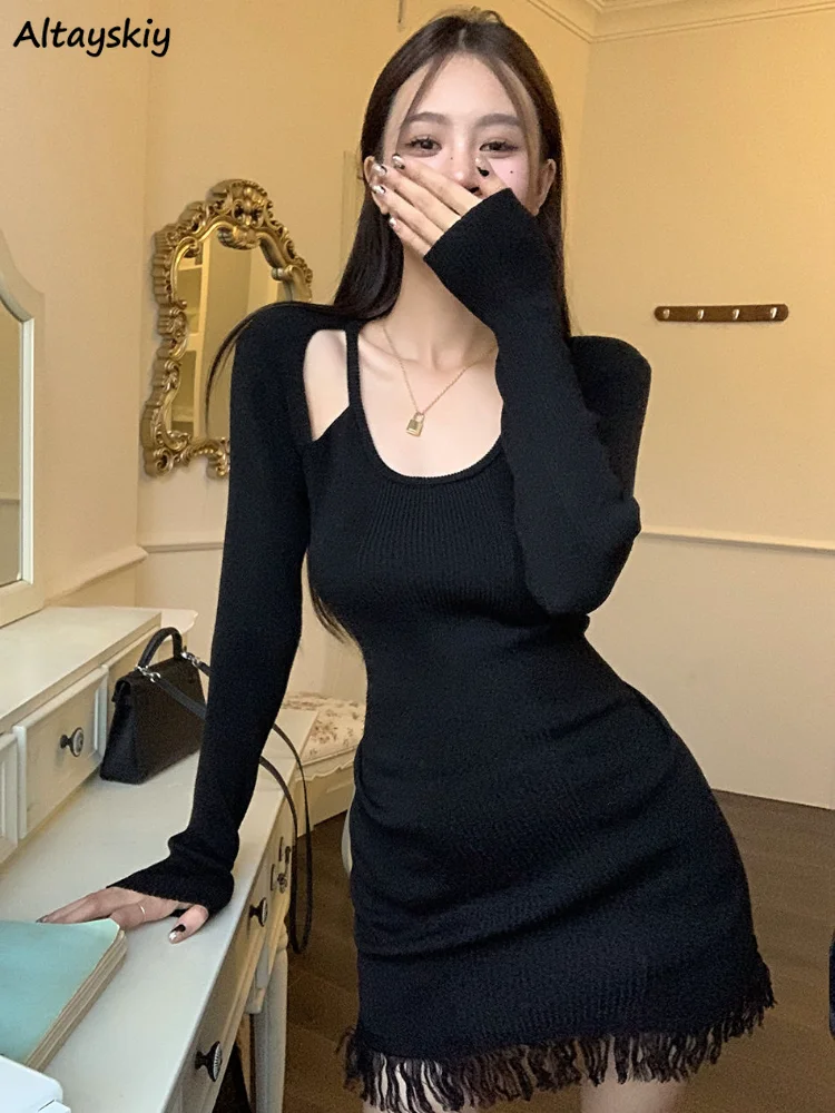 

Женское платье с вырезами, пикантное дизайнерское повседневное облегающее модное мягкое простое однотонное мини-платье на весну, универсальное повседневное новое платье в Корейском стиле