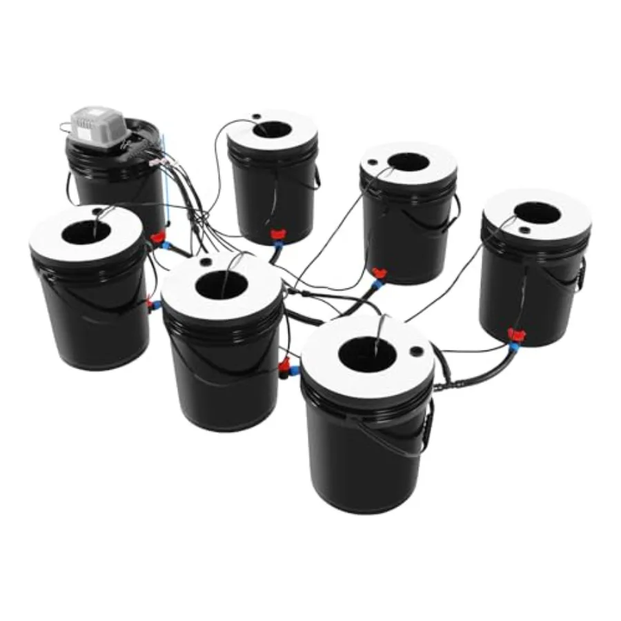 

7-Bucket Recirculating Deep Water Culture Hydroponic System Kit for Indoor/Outdoor Leafy Vegetables Black Plastic with High-Dur