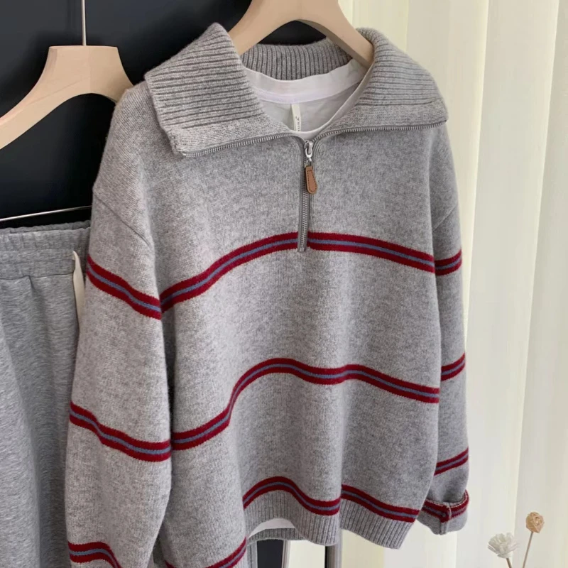 2024 Polo Collar Half Zip Chain Sweater Women's Autumn Winter Lazy Style Color Block Knitwear Pullover Stripe Loose Knit Sweater