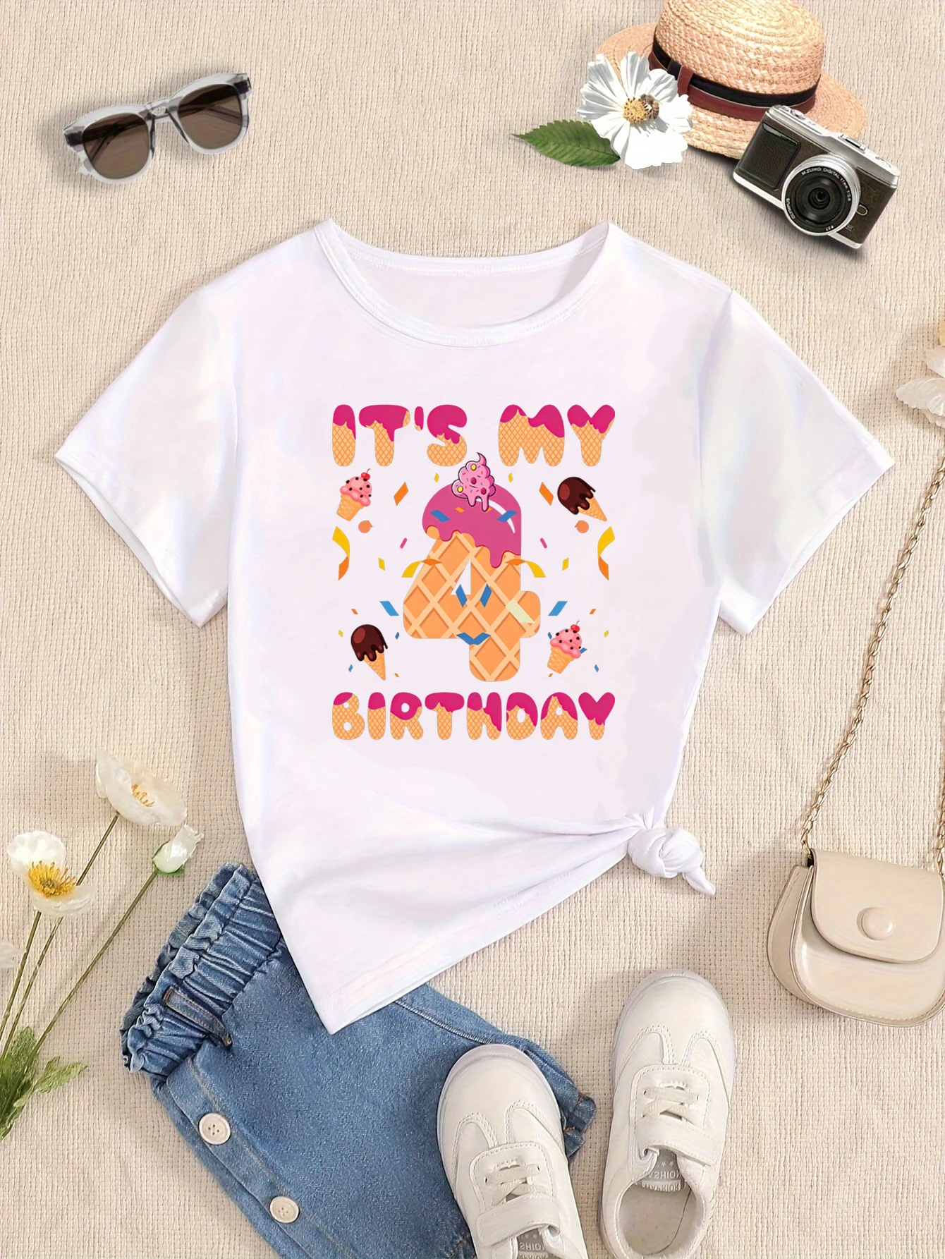 It Is My 4th Birthday Ice Cream Printed T Shirt Girls The Best Birthday Gift T-Shirt Kawaii Kids Clothes Summer T-Shirt