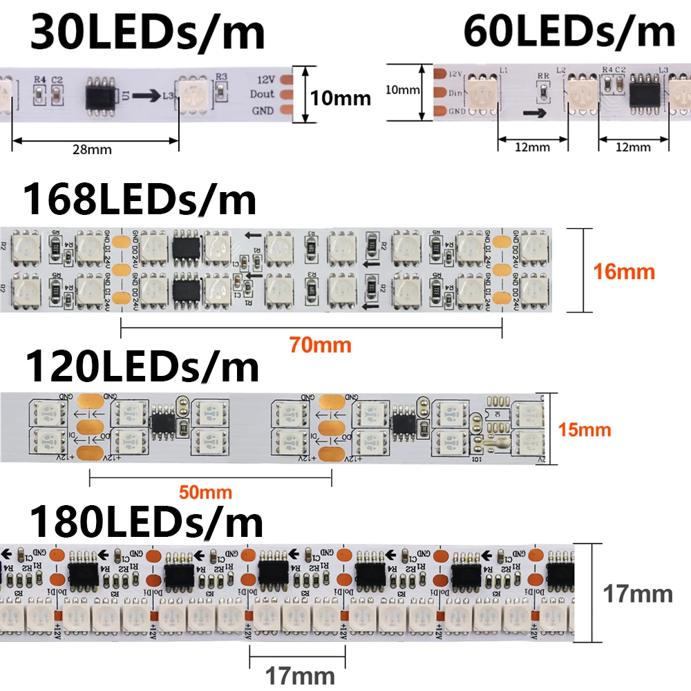 smart led pixel lights strip enderecavel individualmente colorido rgb 12v 24v 30 60 120 168 180leds por m ws2811 5m 01