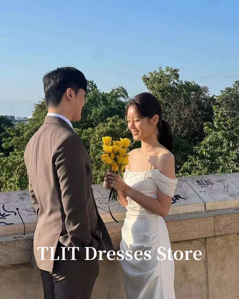 Eleganckie Białe Sukienki Ślubne z Jedwabnej Satyny na Imprezę, Koreańskie Sesje Zdjęciowe, Drapowane Suknie Ślubne z Odkrytymi Ramionami, Szyte na Miarę Suknie Wieczorowe Damskie