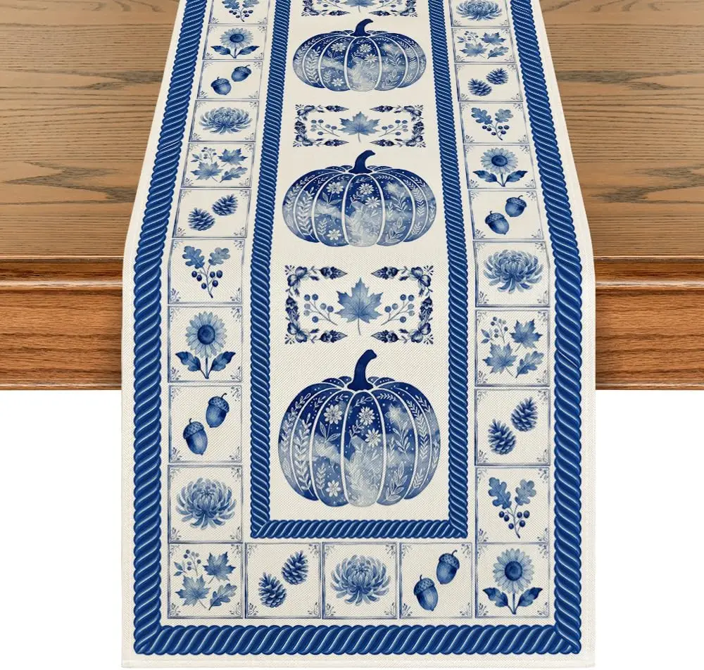 Autumn Blue White Porcelain Pumpkins Leaves Linen Table Runner Home Decor Fall Harvest Kitchen Dining Table Runners Party Decor