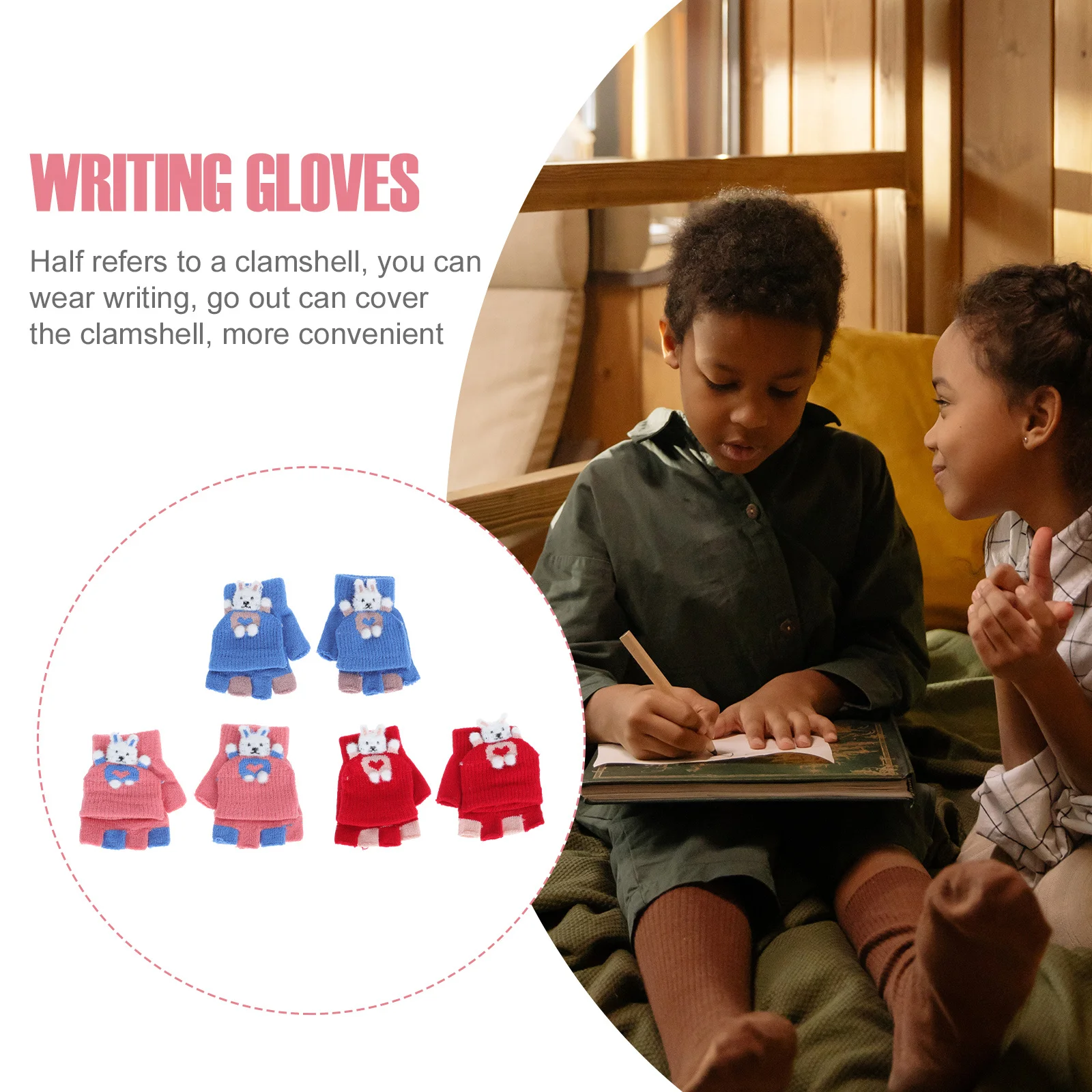 

3Pairs Children Warm Gloves Non-Skid Half Finger Cover Knitted Fabric No Peculiar Smell Delicate Accessories Winter Use