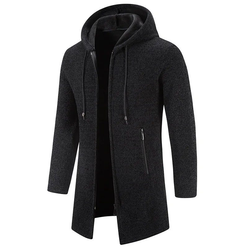 Cross-Border Autumn Winter Men's Fleece-Lined Mid-Length Sweater Thickened Hooded Cardigan For Middle-Aged And Elderly Warm