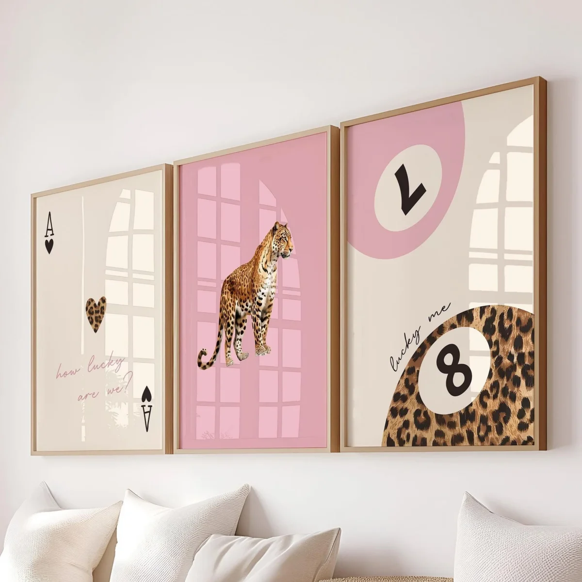 3 unids/set "How Lucky Are We", 8 bolas, leopardo rosa, guepardo, póster impreso en lienzo, impresiones artísticas minimalistas modernas, decoración del hogar para sala de estar