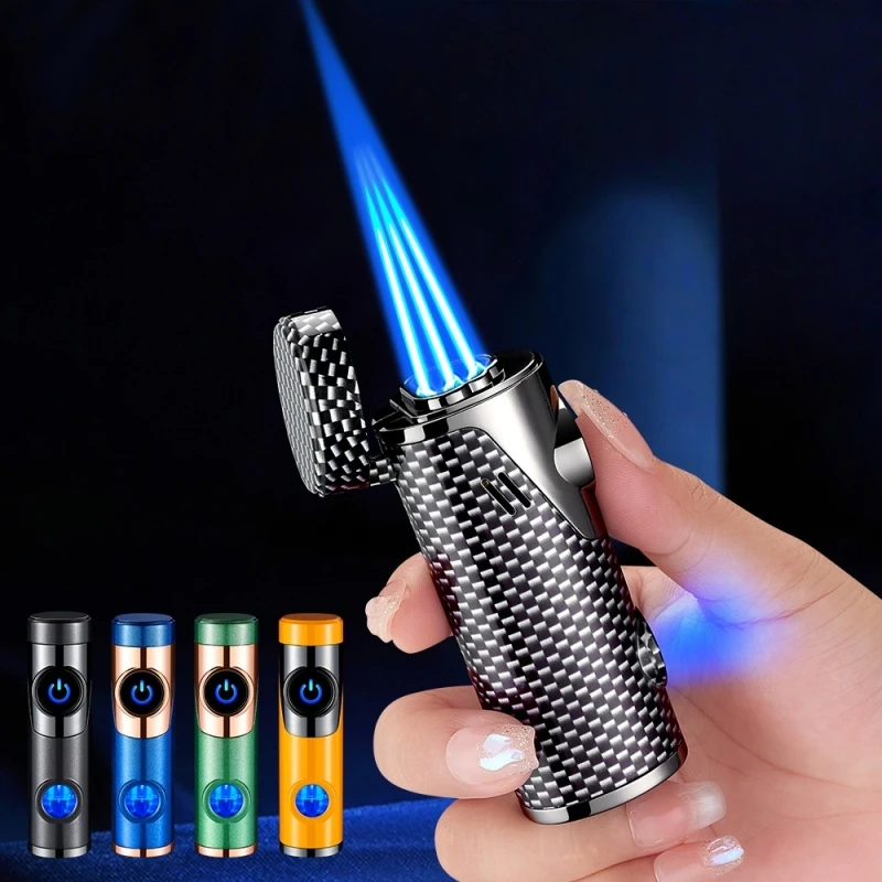 Three Jet Windproof Blue Flame Butane Gas Torch Lighter Visible Gas Blue Light Window Outdoor Portable Cigar Electric Lighters