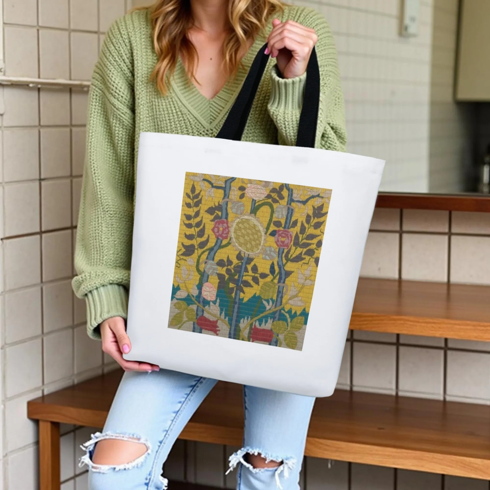 Vintage Art Style Tote Bag Floral & Plant Design Shoulder Bag for Women Large Reusable for Art Lovers Visits & Daily Commute