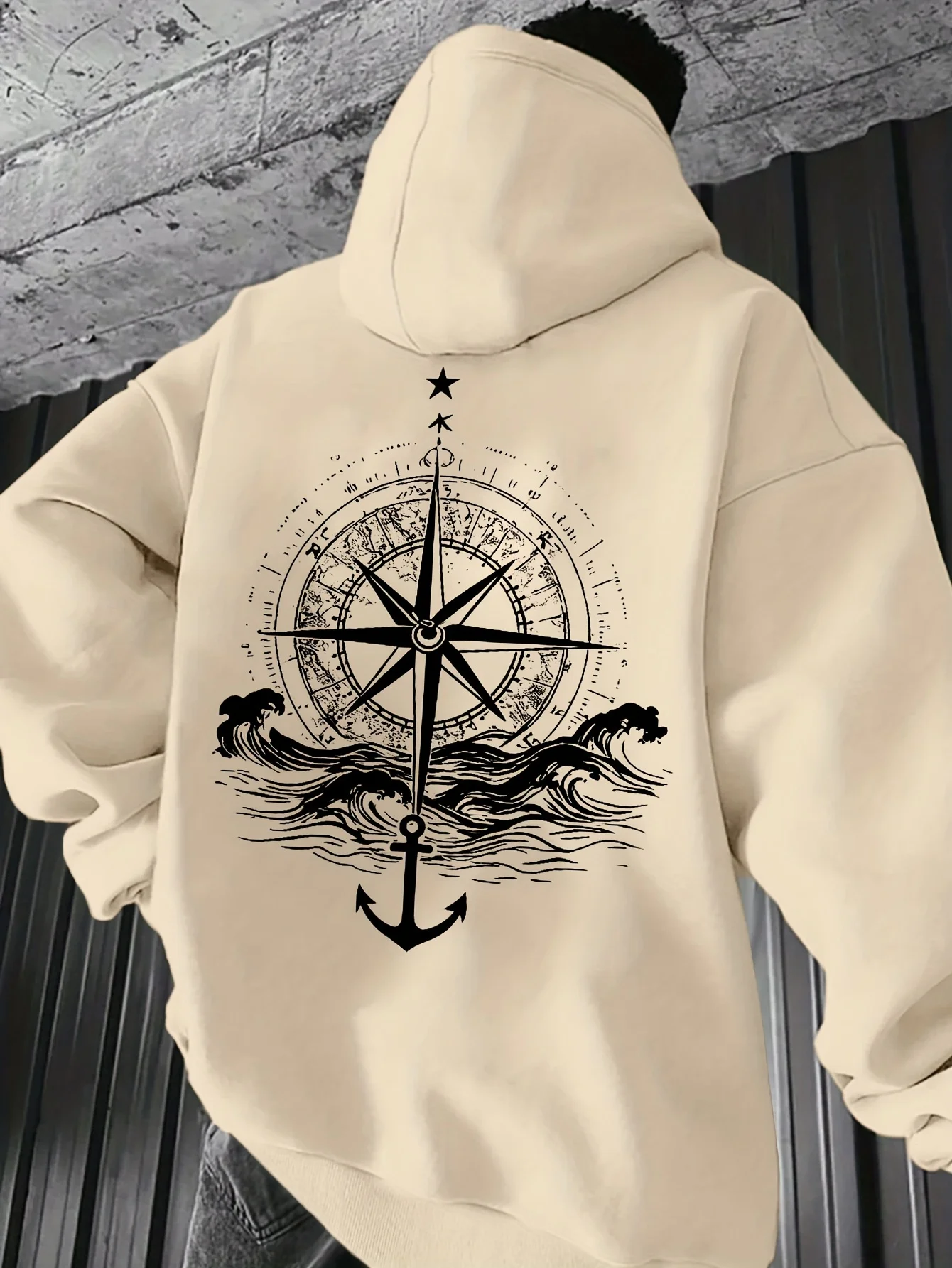 Men Autumn Winter Hoodie, Loose Comfort Warm Pullover Hooded Sweatshirt, Vintage Compass Anchor Wave Print Streetwear Top