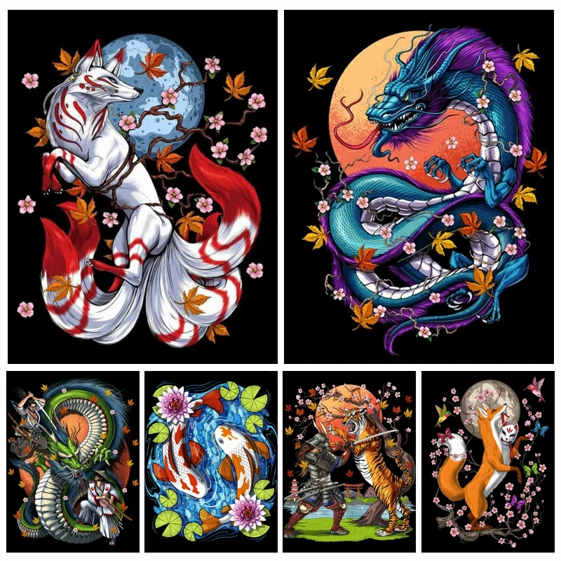 

Japanese Folklore Mythology And Dragon Samurai Warrior AB Diamond Painting Art Nine Tailed Fox Cherry Blossom Cross Stitch Decor