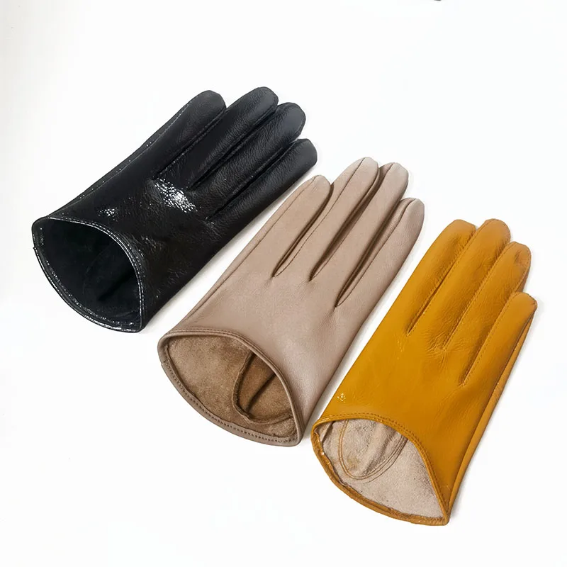 Women's Spring Autumn Brief Slim Genuine Sheepskin Leather Gloves Lady's Natural Shiny Leather Winter Driving Glove R1697