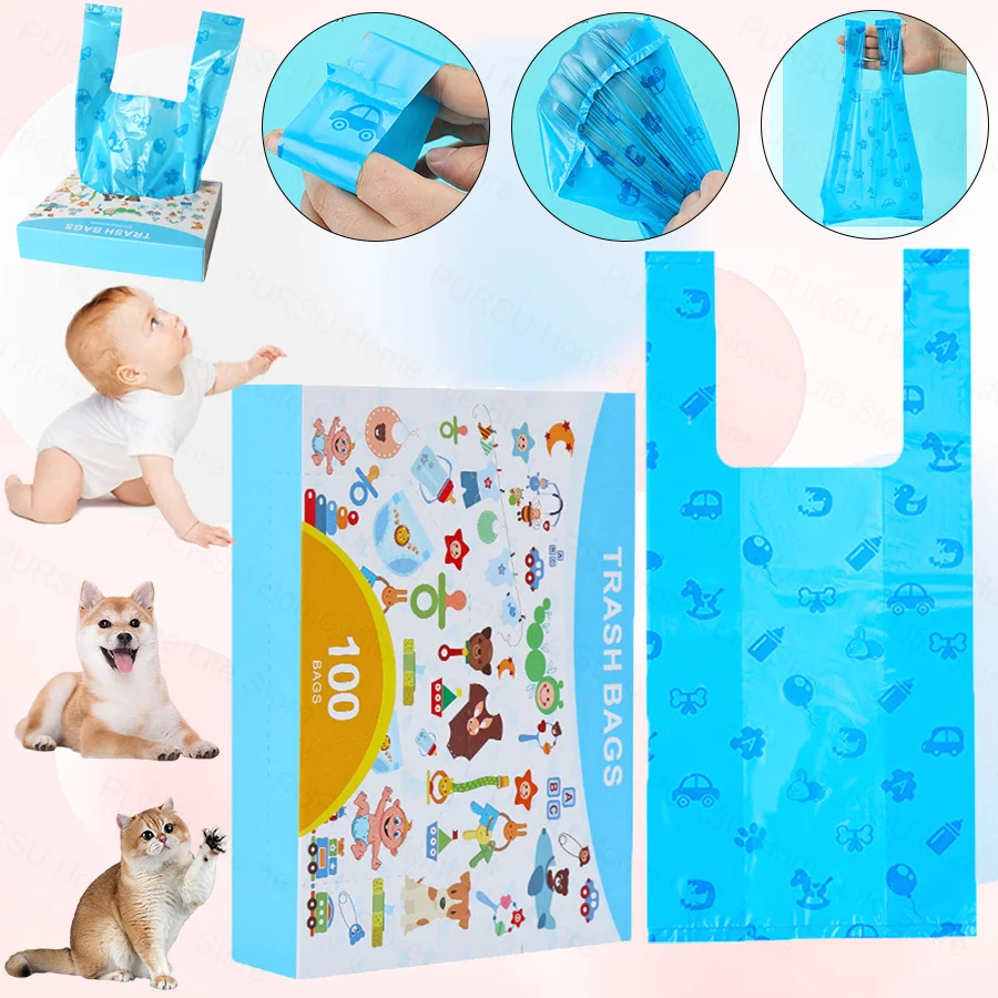 كيس قمامة قابل للتحلل الحيوي، حقيبة تجميع الحفاضات، كيس الحفاضات، حقيبة نفايات الحيوانات الأليفة، حقيبة فوميت، أكياس قمامة السفر المحمولة للسيارة 100 قطعة/صندوق