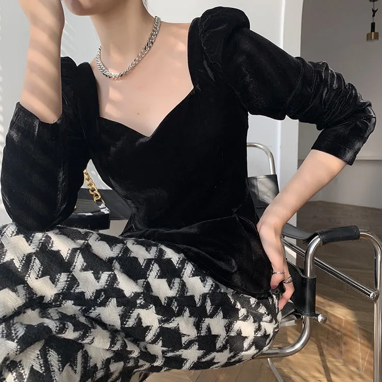 Ladies Brand Design Shirts Women New Spring Clothes French Style Vintage Blue Velvet Square Collar Puff Sleeve Chic Tops Elegant