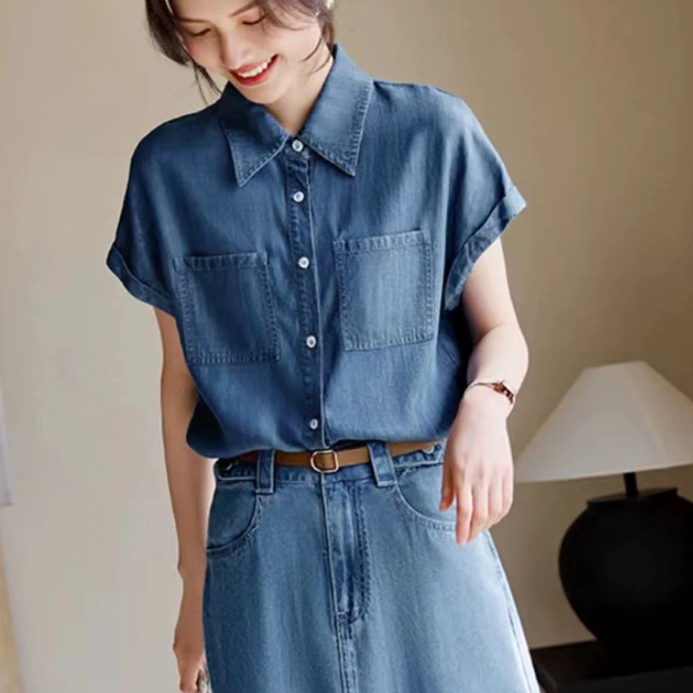 2024 Summer Vintage Denim Shirts For Women Solid Casual Loose Women\'s Short Sleeve Shirts And Blouses Fashion Female Tops