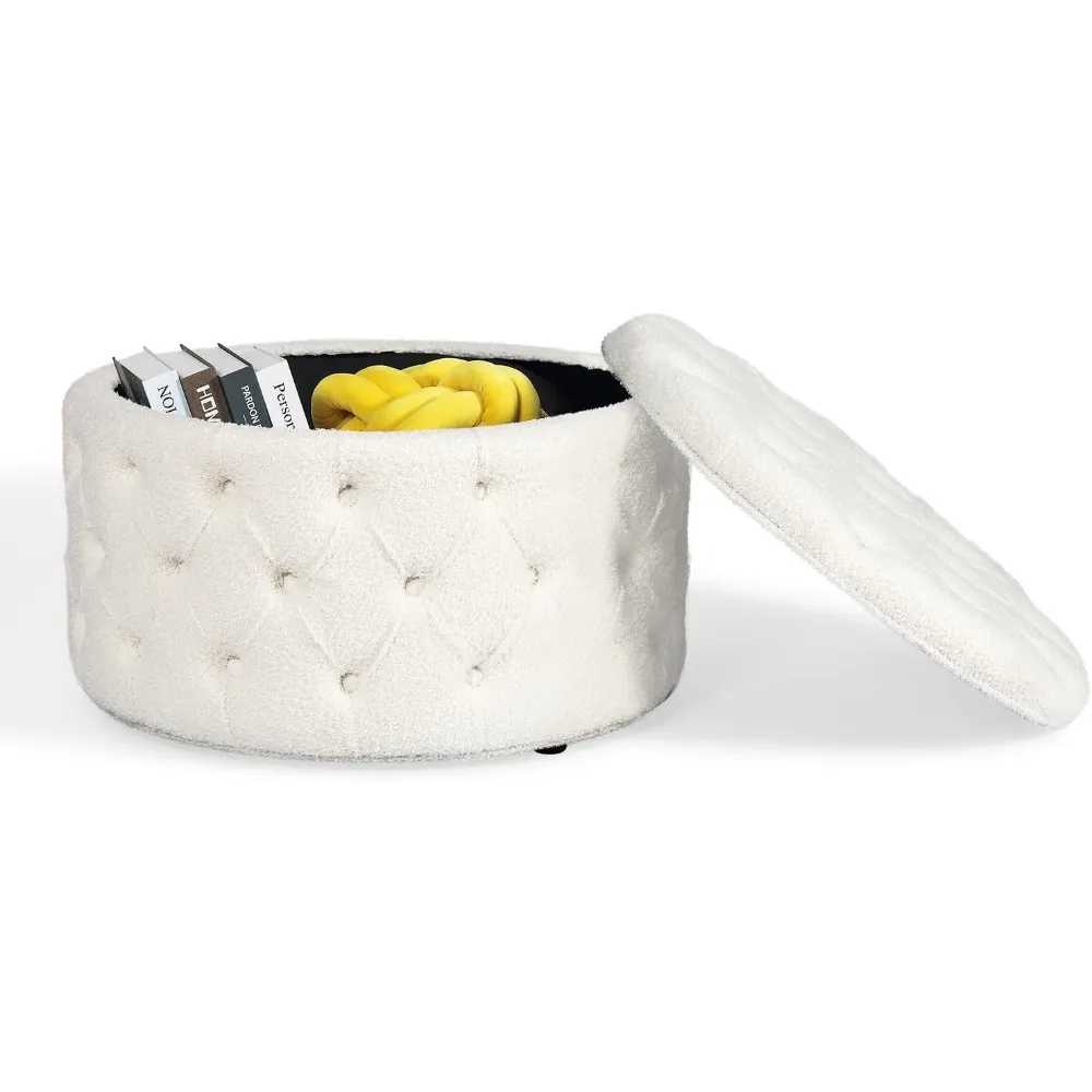 

28 Inch Faux Fur Round Storage Ottoman, Button Tufted Footrest Stool Bench Coffee Table for Living Room,White