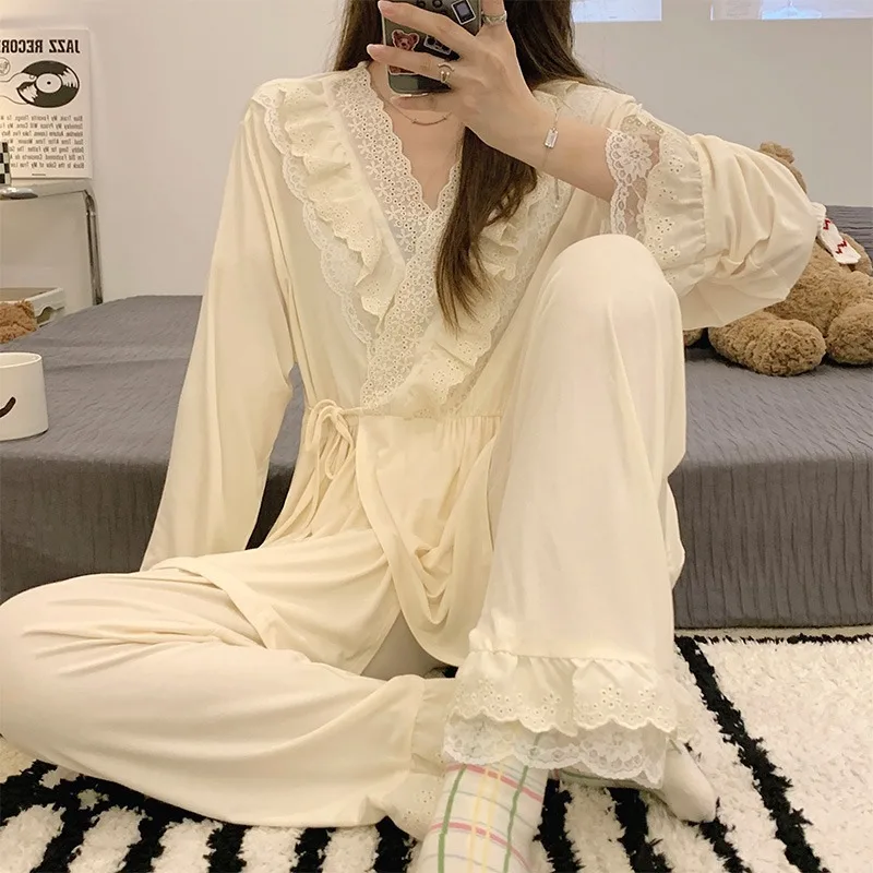 Modal Maternity Nursing Pajamas Set For Pregnant Women Postpartum Spring Autumn Long-Sleeved Lace Home Suits