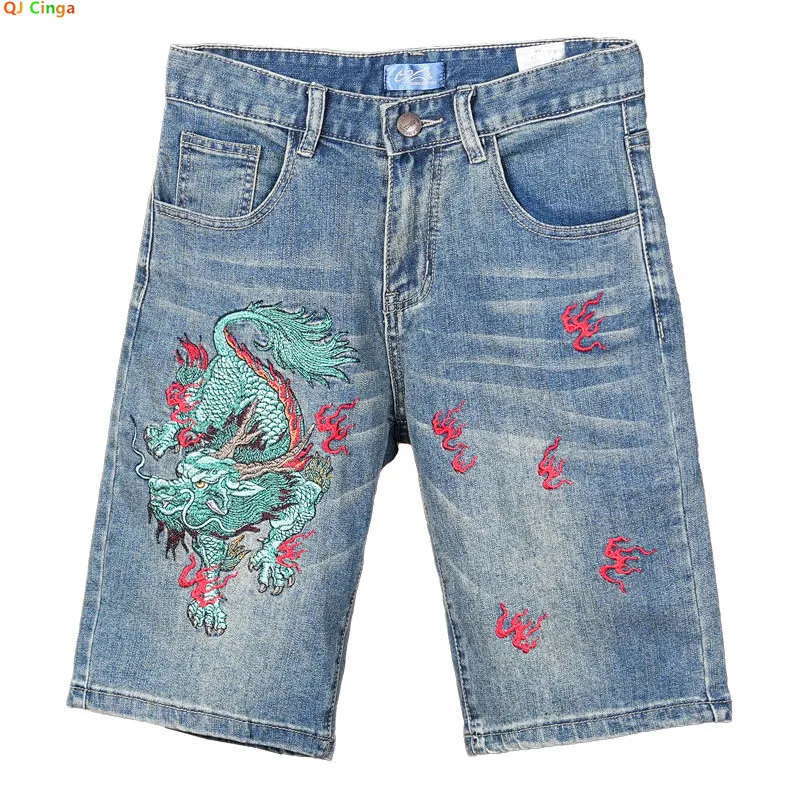 

2026 Spring Men's Blue Jeans Shorts Featuring Chinese Qilin Embroidery Design Slightly Stretch Denim Shorts Asian Sizes 28-44.