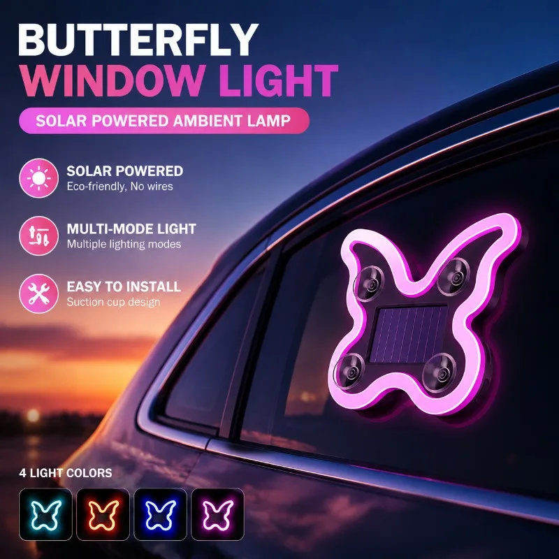 Car Butterfly Window Decor Light Solar Powered Triangular Window Multi-mode Ambient Lamp for Car Rear Side Window
