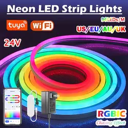 TUYA Neon sznur oświetleniowy WiFi neonowy pasek 12V/24V 84LEDs/M RGBIC adresowalny pasek LED z synchronizacją muzyki elastyczne piksele diody na wstążce