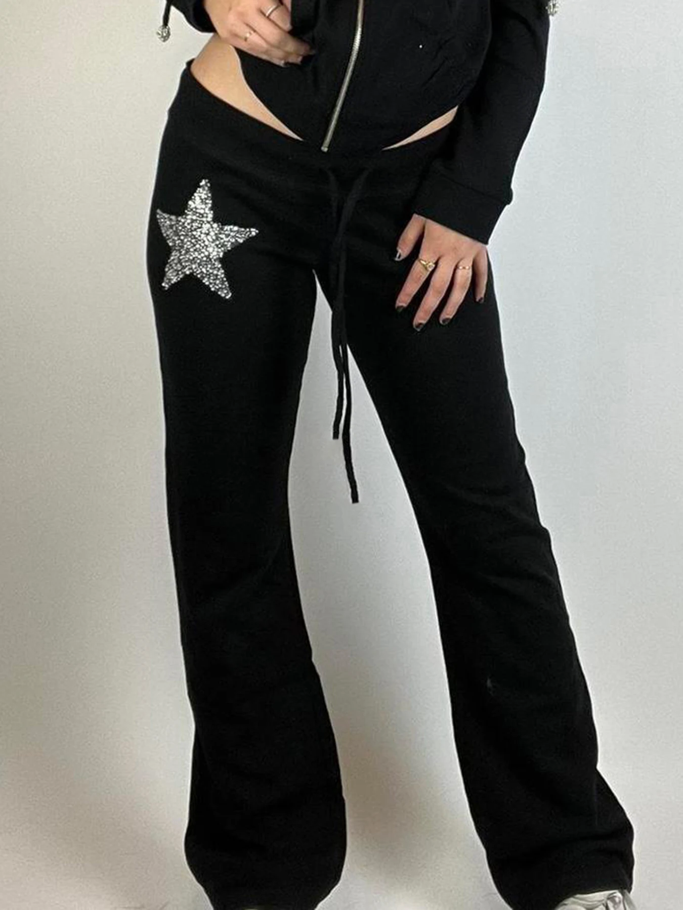 

Sweetown Fashion Causal Simple Straight Trousers Women Long Pants Star Diamonds Solid All-Match Trendy Clothes