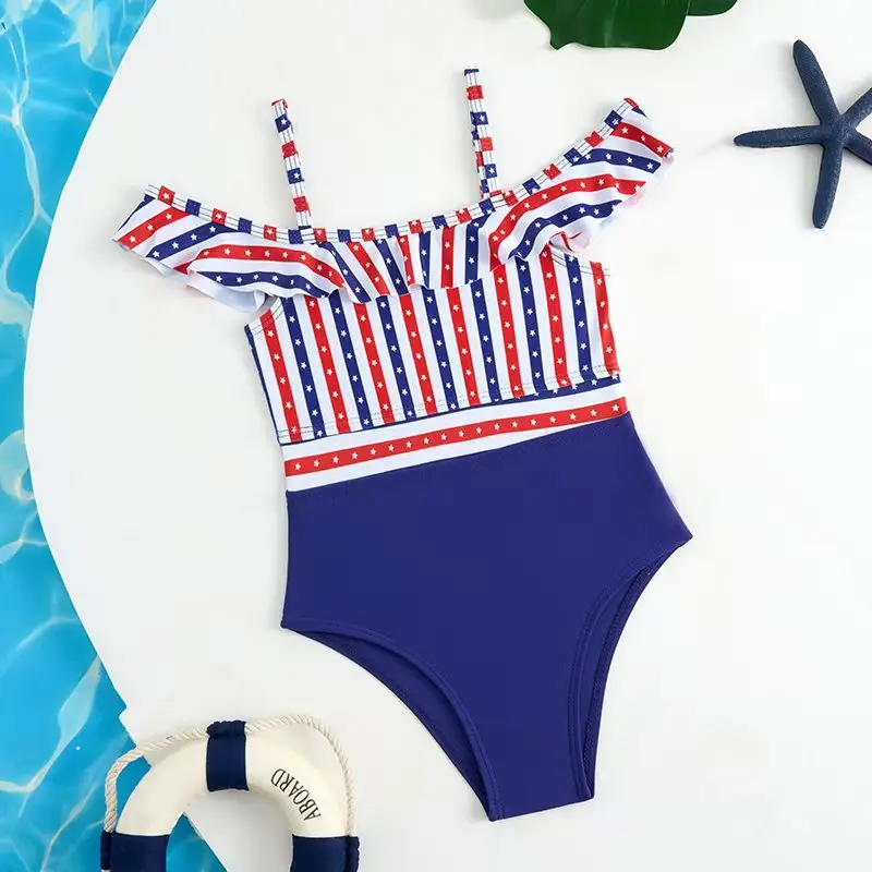 

2026 Girls Printed Swimsuit One Piece Kids Ruffle Strappy Swimwear Children Swimming Bathing Swim Suit Beachwear