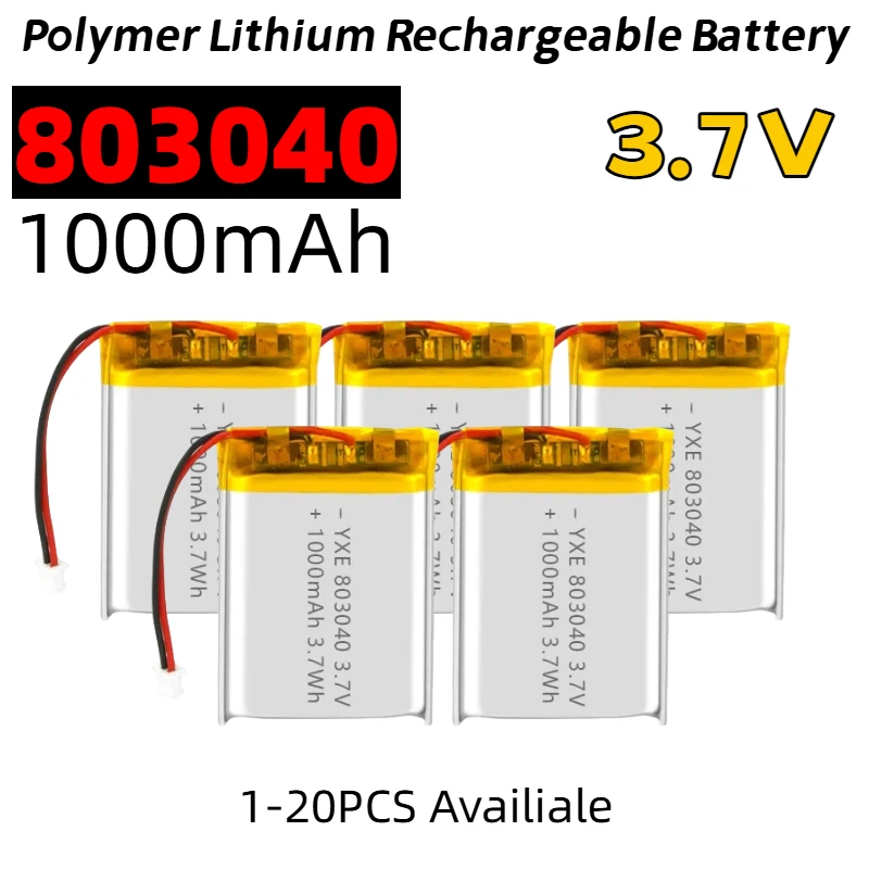 803040 3,7 V 1000 mAh Li-Po-Akku mit JST PH2.0-Stecker, hohe Kapazität für Kamera, GPS-Navigator, MP5-Headset