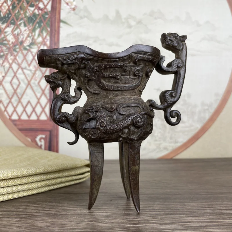 Antique-style Tang Dynasty Dragon Cup Ornament Antique Collectible Old Patina Tripod Goblet Gift Decoration