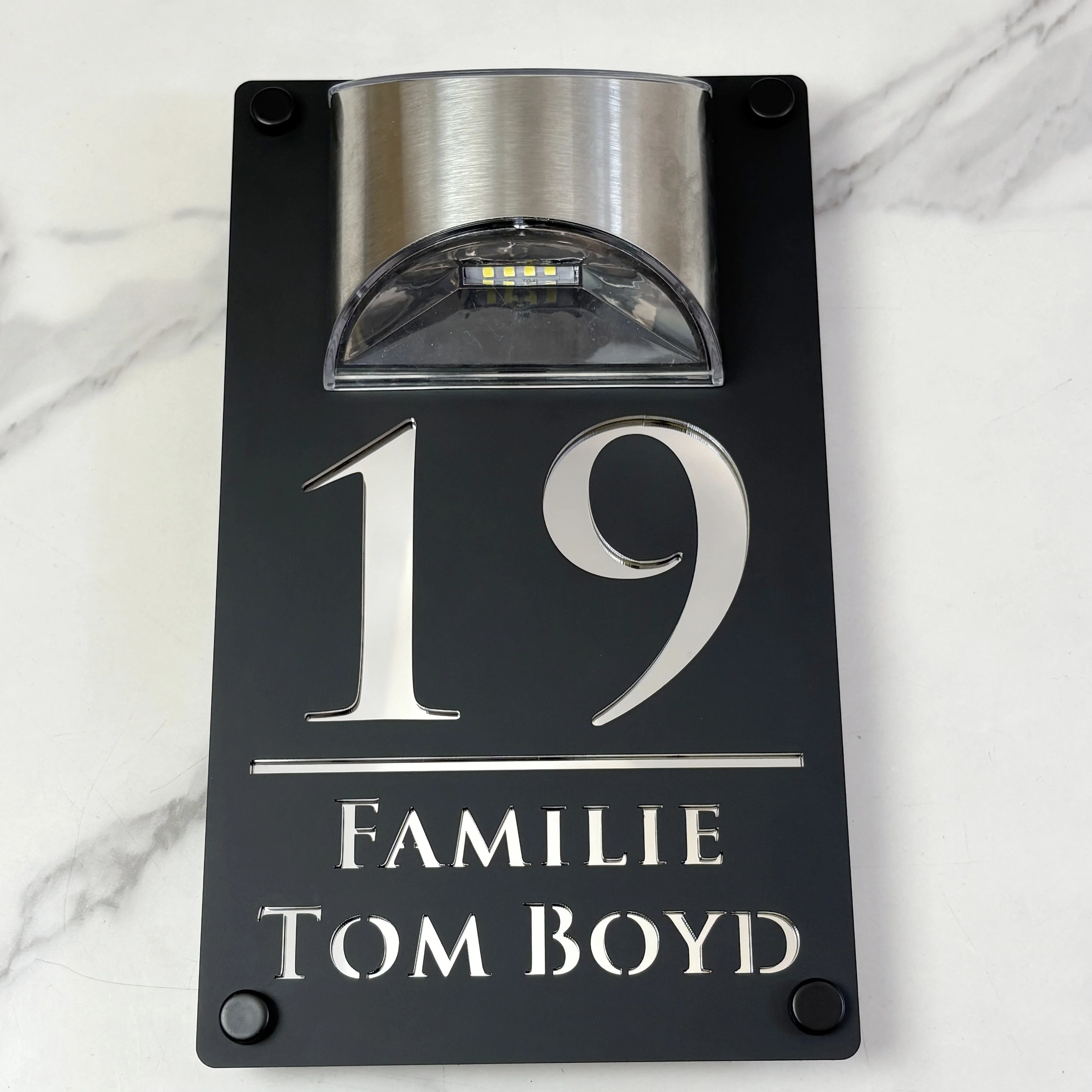 NONE Personalisierte LED-Solarhausnummer, individuelles 3D-Lasergeschnittenes Außentür-Familienname, Straßenadresse, wasserdichtes, beleuchtetes Außenschild 4