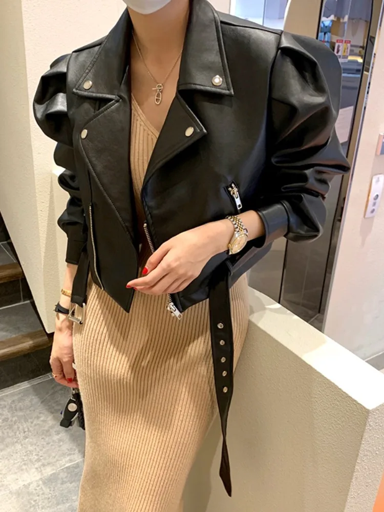 Faionable ort PU Leather Jaet Women's Biker Sle Bubble Sve Spring Autumn New Arrival Ele Top Ladieswear