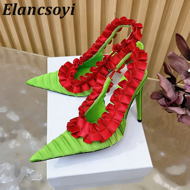 Thin High Heels Runway Shoes Women Pumps Summer Silk Satin Pointed Toe Ruffles Single Shoes Slingback Sandals Party Dress Shoes