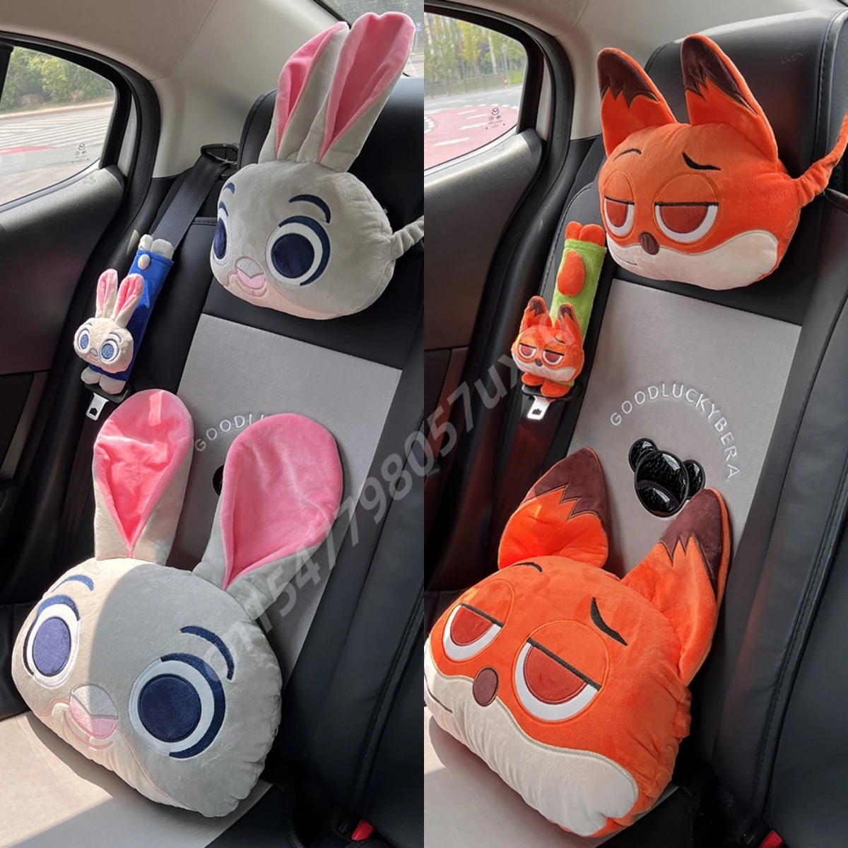 Cute Zootopia Judy Nick Headrest Back Cushion Seat Belt Cover Lovely Stuffed Anime Japanese Style Cuddly Pillow Sofa Bedroom