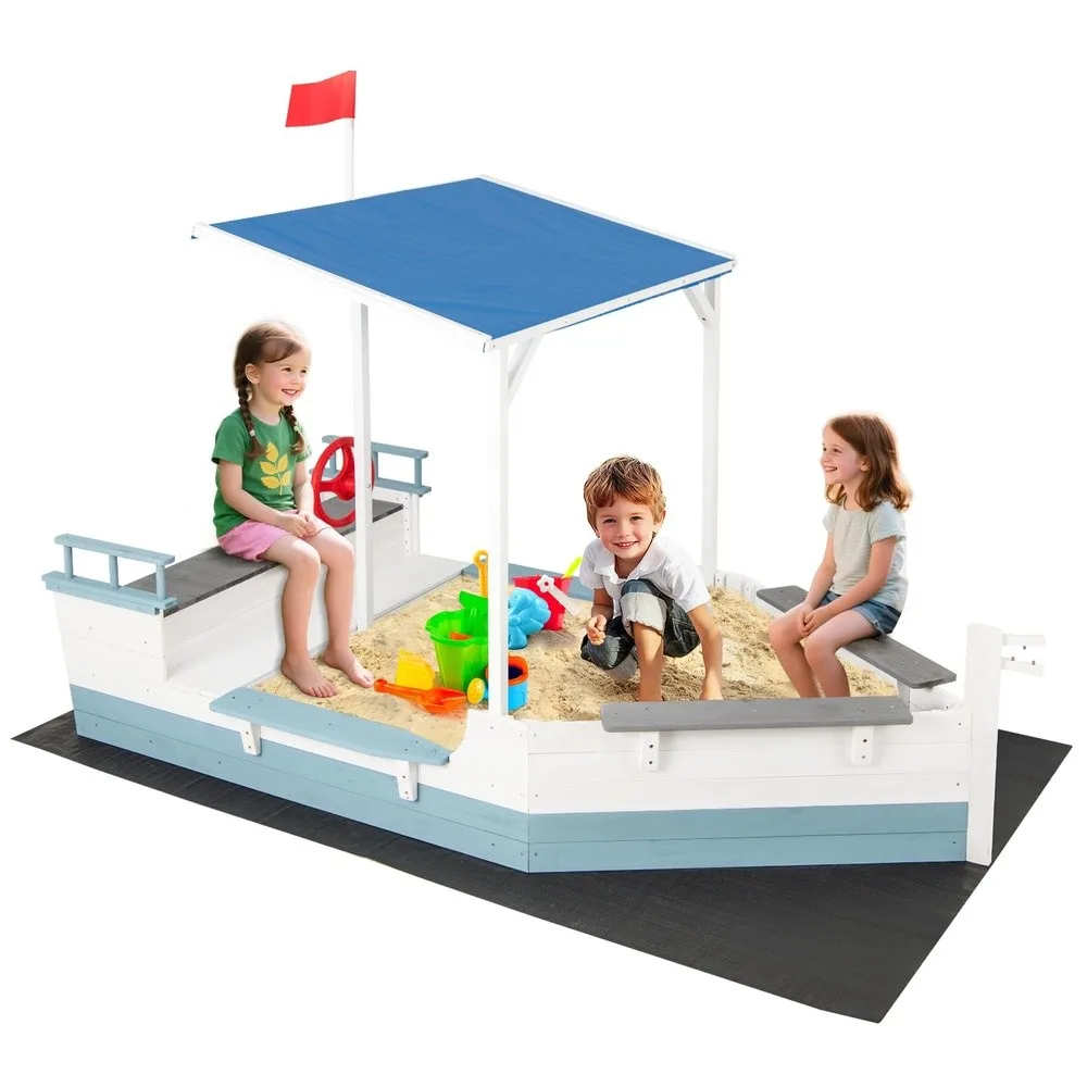 Pirate Ship Kids Sandbox Wooden Sand Box w/Storage Bench Seat Ground Liner Sandpit Boat w/Rudder Buoy Realistic Flag