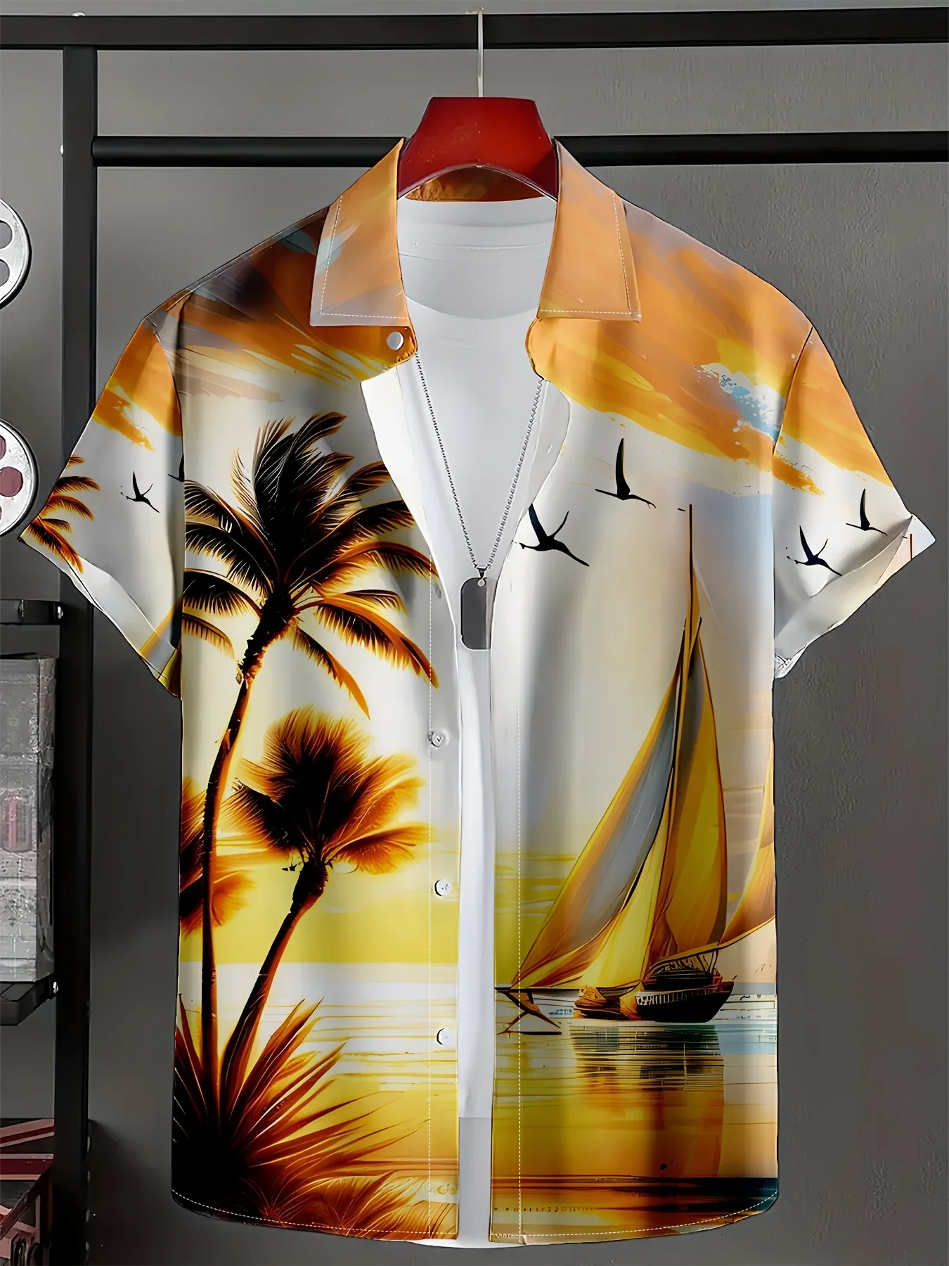 Tropical Sunset Palm Reflection Aloha Shirt Men Ocean Water Mirror Coconut Tree Silhouette Print Loose Lightweight Vacation