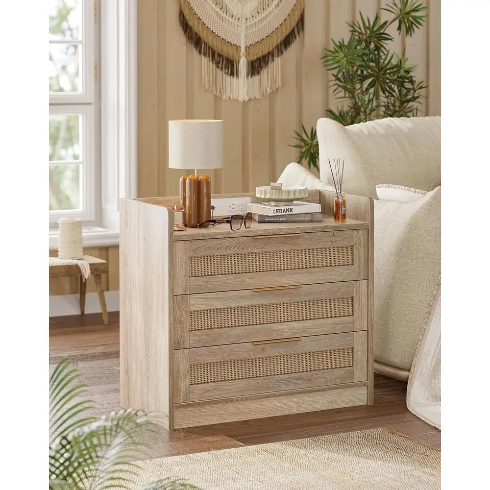 2-Piece Rattan Nightstand Set with Charging Station, 3-Tier Storage, Curved Top Shelves, Suitable for Bedroom or Living Room, Ma