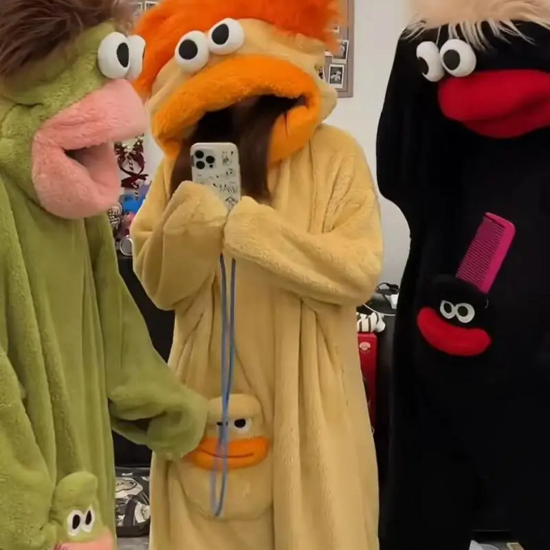 Autumn Winter Big Mouth Monster Cartoon Wacky Pajamas Couple Set Keep Warm Long Style Robe Fleece-Lined Thicken Leisure Homewear