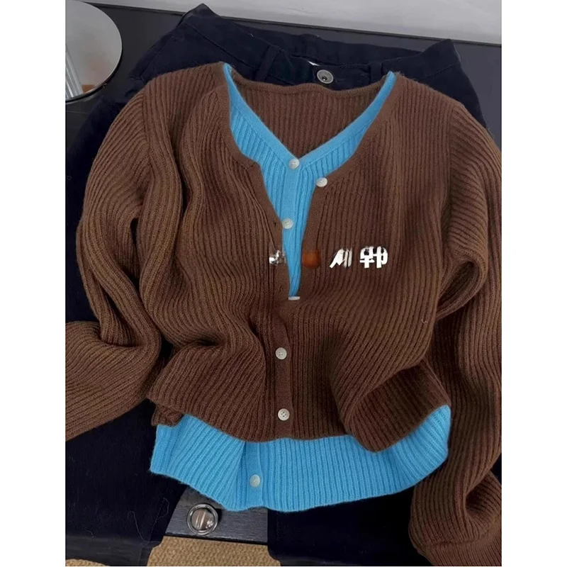 

Spring V-ne Knitwear Outerwear Women's Color Blo Korean Sle Long Sve ort Length Warmth Emitting Casual Faion