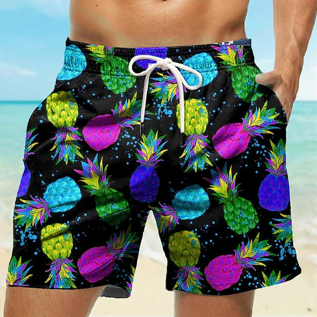 Summer Men's Board Shorts Swim Shorts Swim Trunks Drawstring Pineapple Quick Dry Short Holiday Beach Hawaiian Micro-elastic